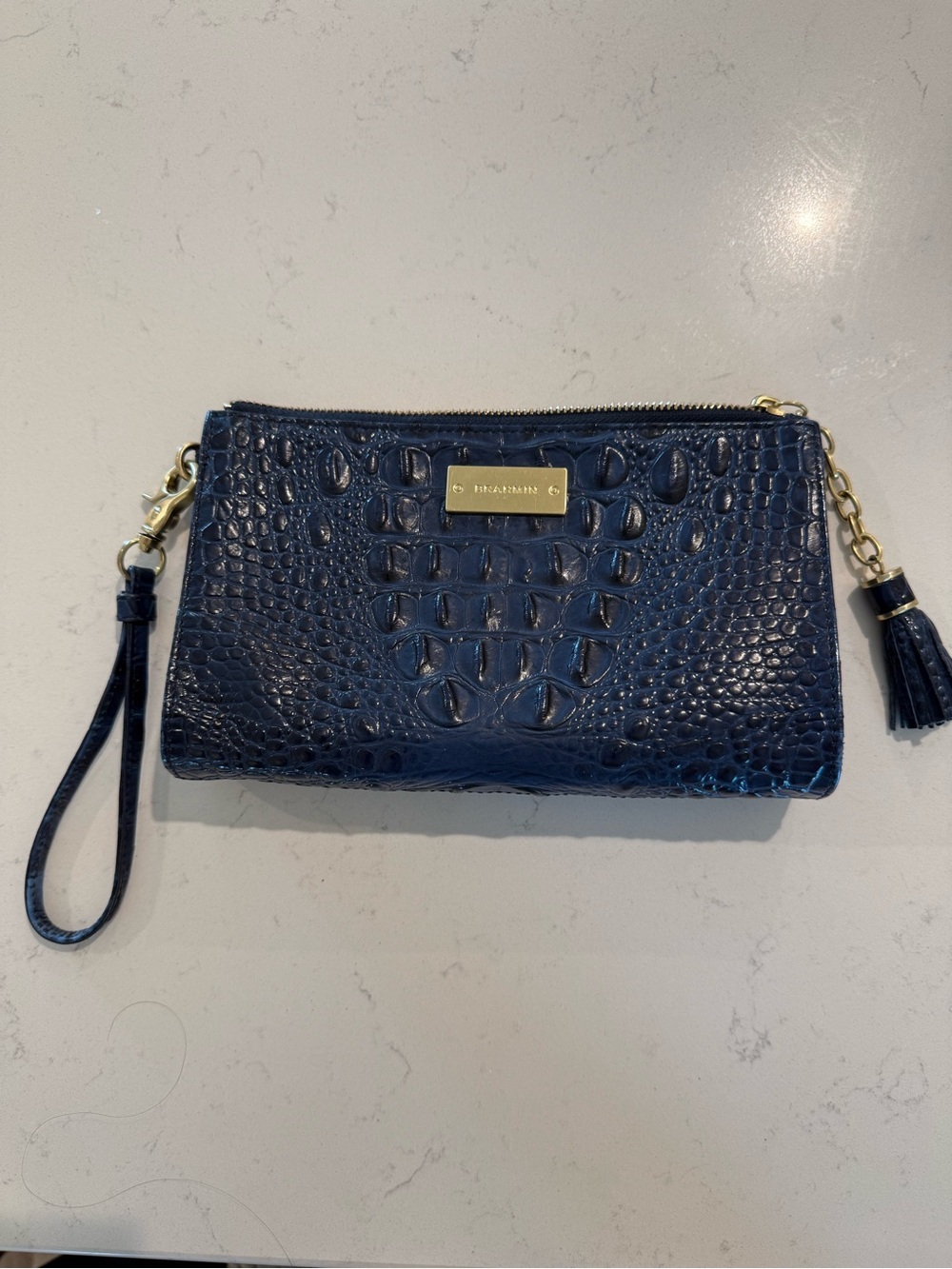 Brahmin Navy Blue Croc Embossed Leather Wristlet Clutch Gold Hardware